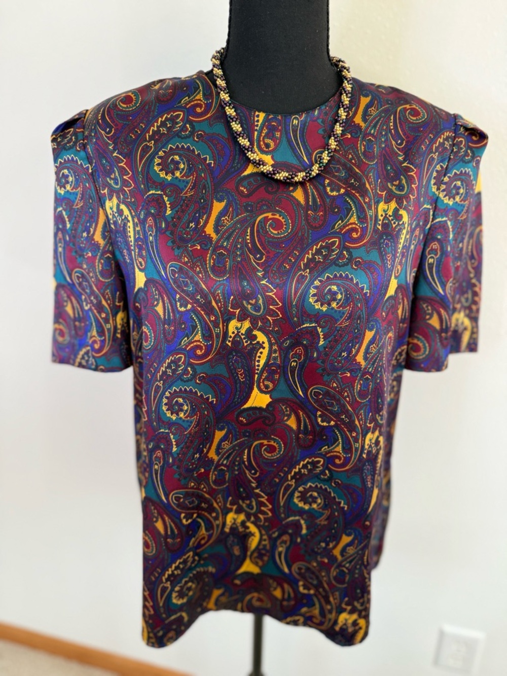 Vintage 90s Paisley Satin Blouse Jewel Tone Worthington Top Size 12 Retro - Picture 5 of 10